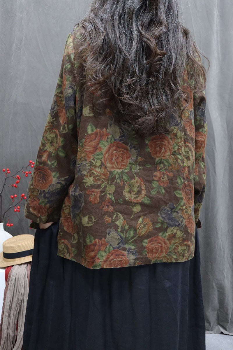 Women Autumn Vintage Flower 100%Linen O-Neck Shirt