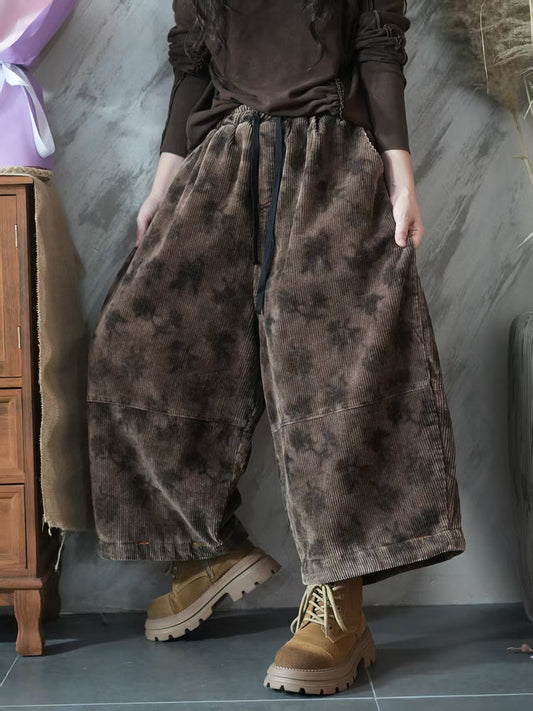 Women Autumn Retro Flower Embroidery Wide-leg Pants