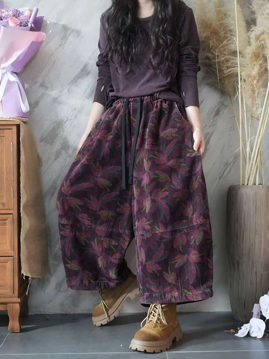 Women Autumn Retro Flower Embroidery Wide-leg Pants