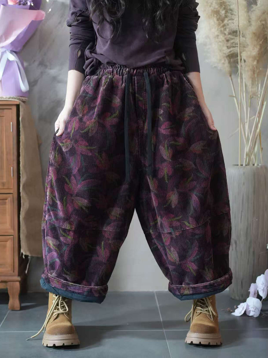 Women Autumn Retro Flower Embroidery Wide-leg Pants