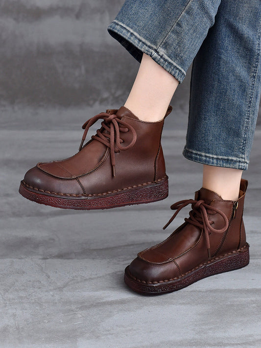 Women Winter Pure Color Genuine Leather Flat Ankle Boots