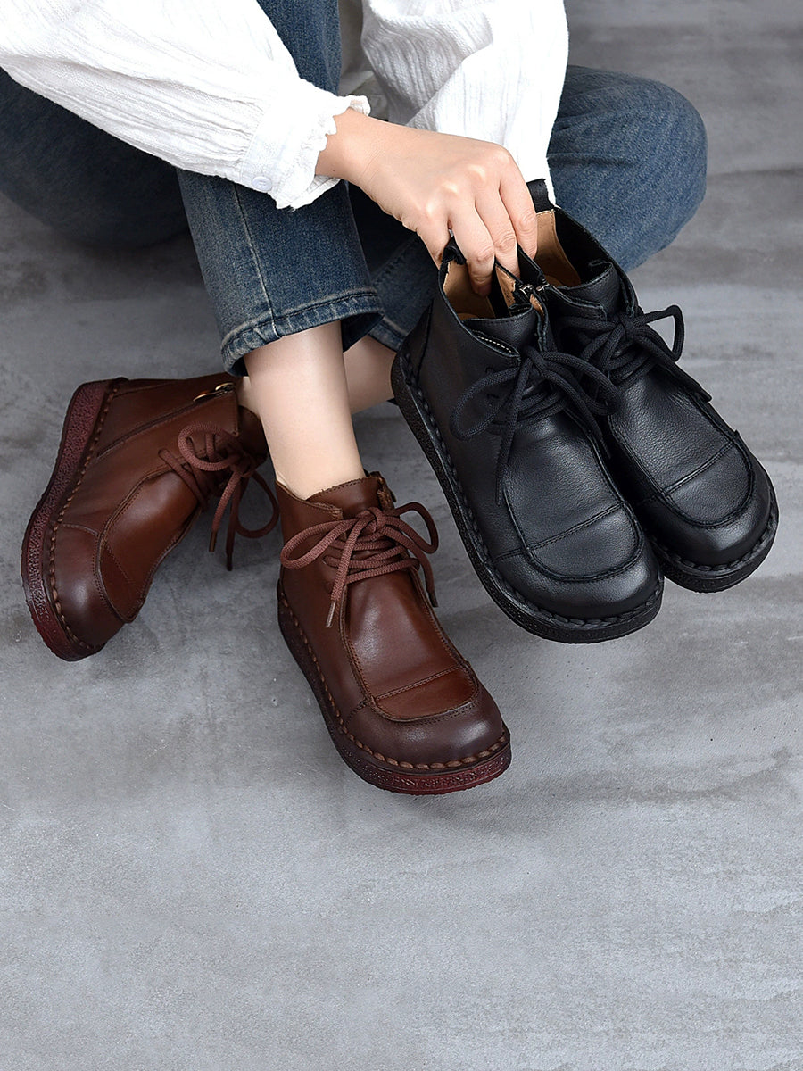 Women Winter Pure Color Genuine Leather Flat Ankle Boots
