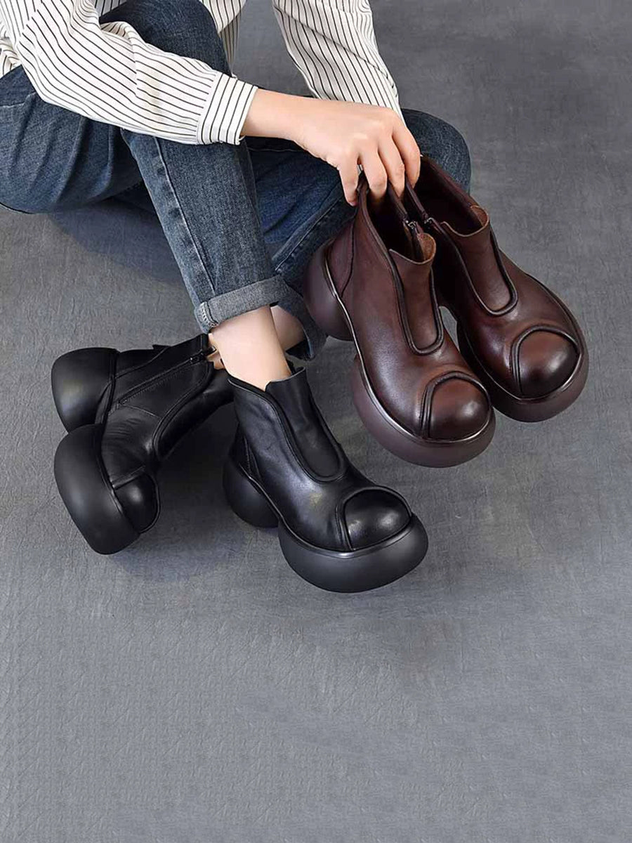Women Winter Pure Color Leather Platform Ankle Boots
