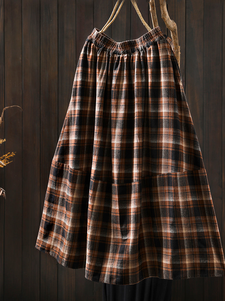 Women Autumn Vintage Plaid  A-Shape 100%Cotton Skirt