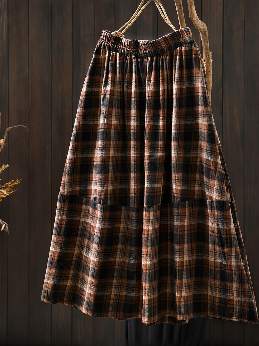 Women Autumn Vintage Plaid  A-Shape 100%Cotton Skirt