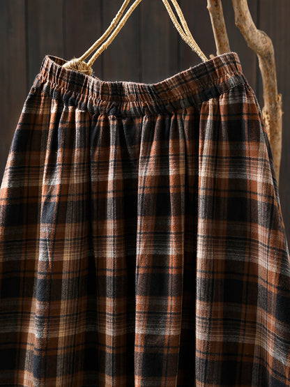 Women Autumn Vintage Plaid  A-Shape 100%Cotton Skirt