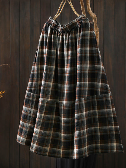 Women Autumn Vintage Plaid  A-Shape 100%Cotton Skirt