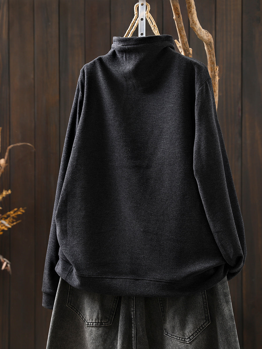 Women Autumn Pure Color Cotton Half-Turtleneck Blouse