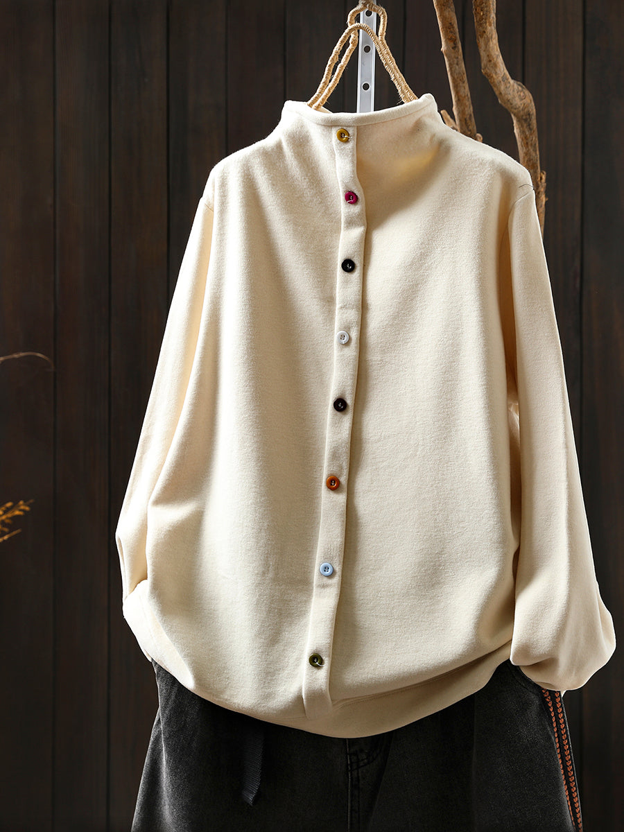 Women Autumn Pure Color Cotton Half-Turtleneck Blouse