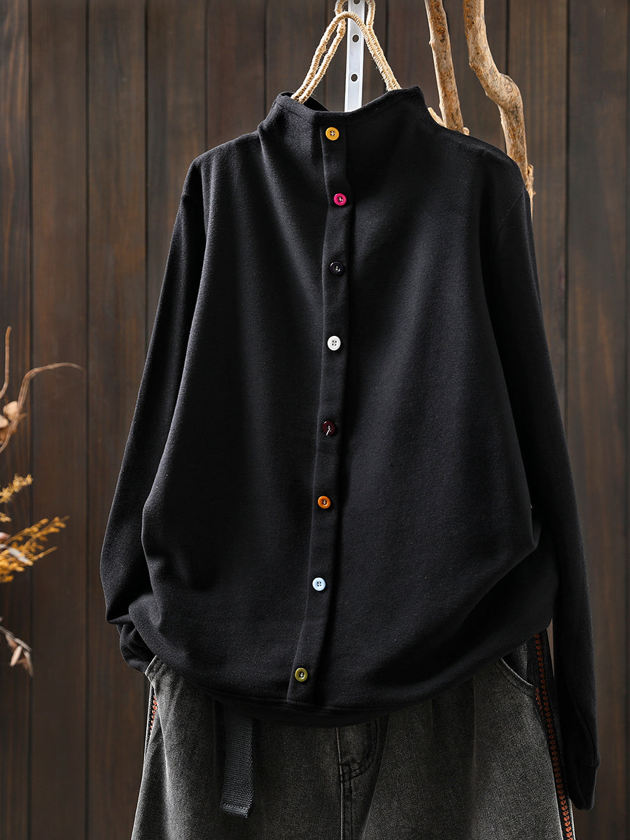 Women Autumn Pure Color Cotton Half-Turtleneck Blouse