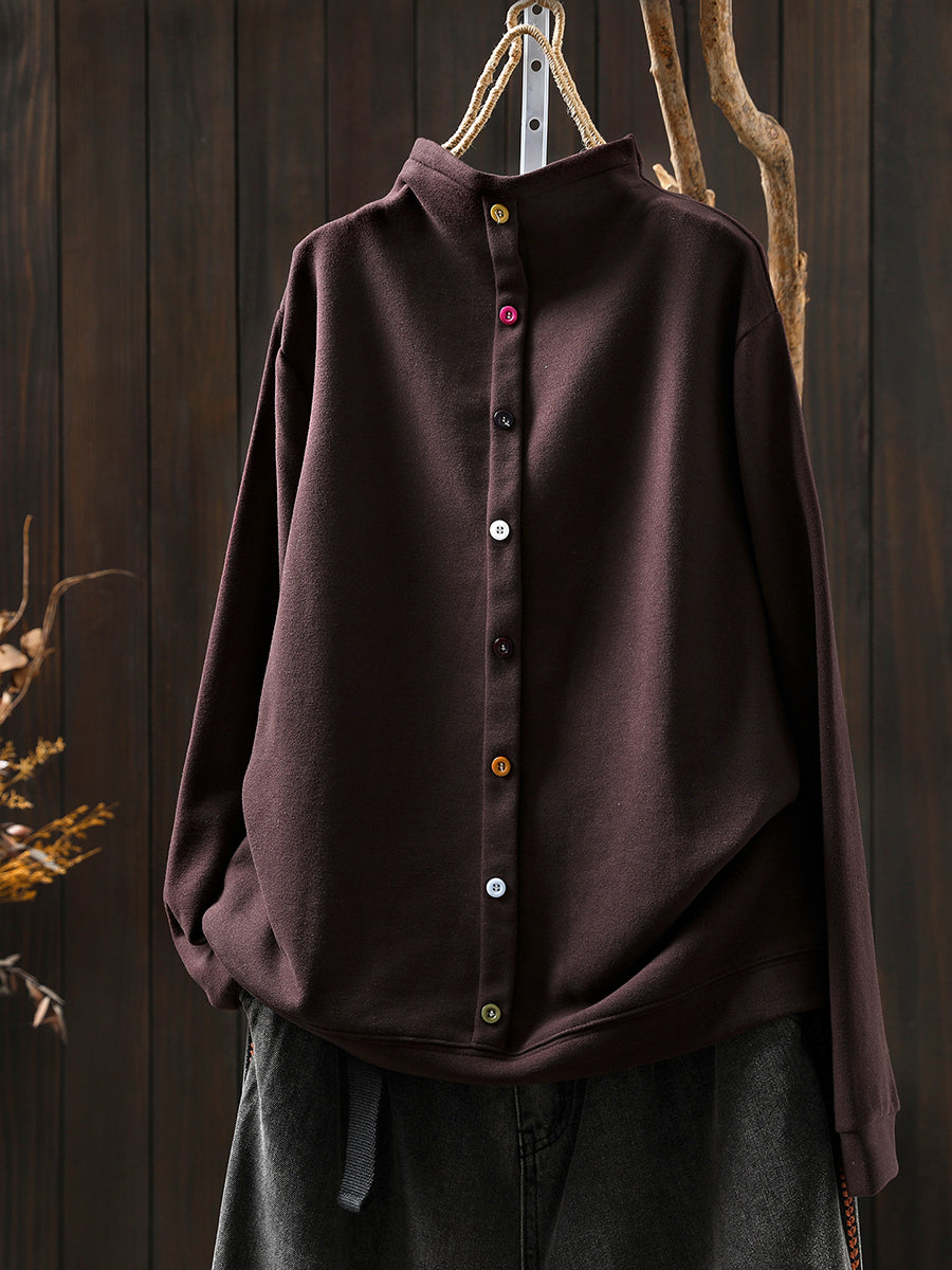 Women Autumn Pure Color Cotton Half-Turtleneck Blouse