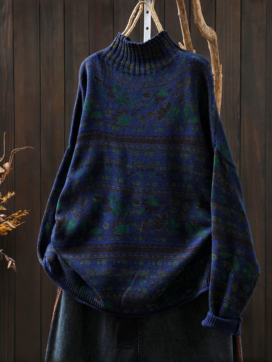 Women Autumn Vintage Flower Half-Turtleneck Sweater
