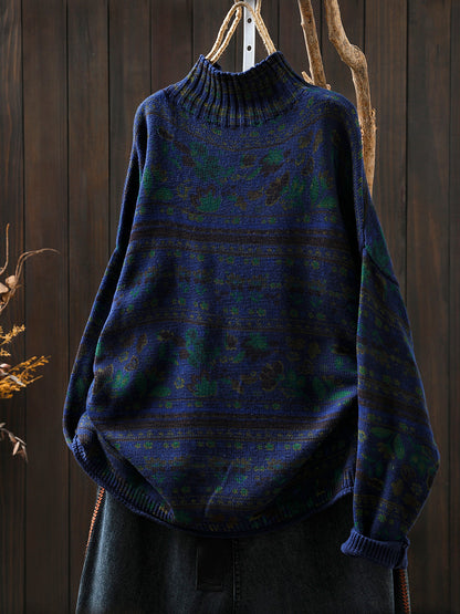 Women Autumn Vintage Flower Half-Turtleneck Sweater
