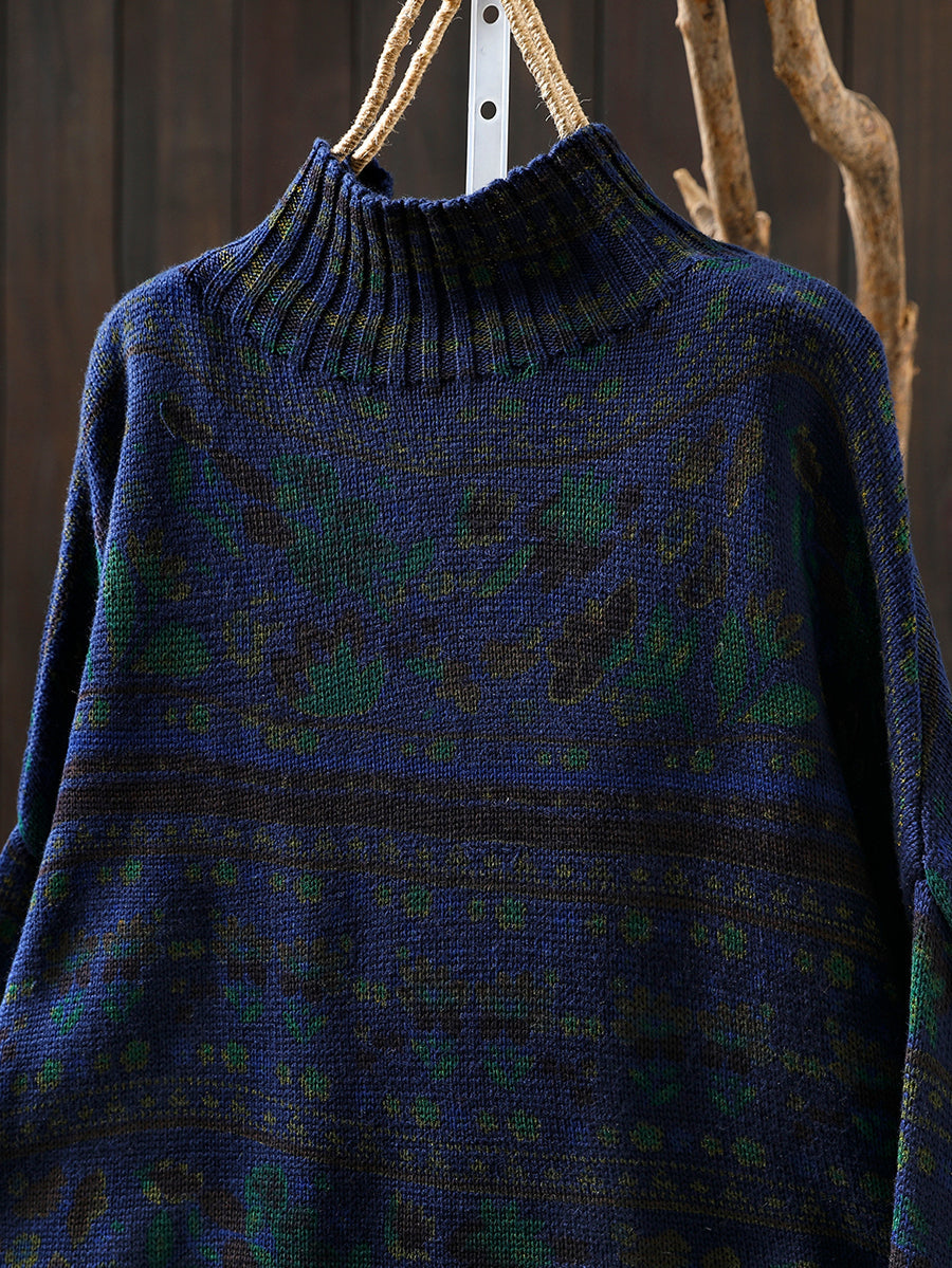 Women Autumn Vintage Flower Half-Turtleneck Sweater