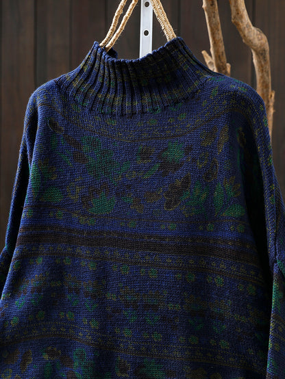 Women Autumn Vintage Flower Half-Turtleneck Sweater