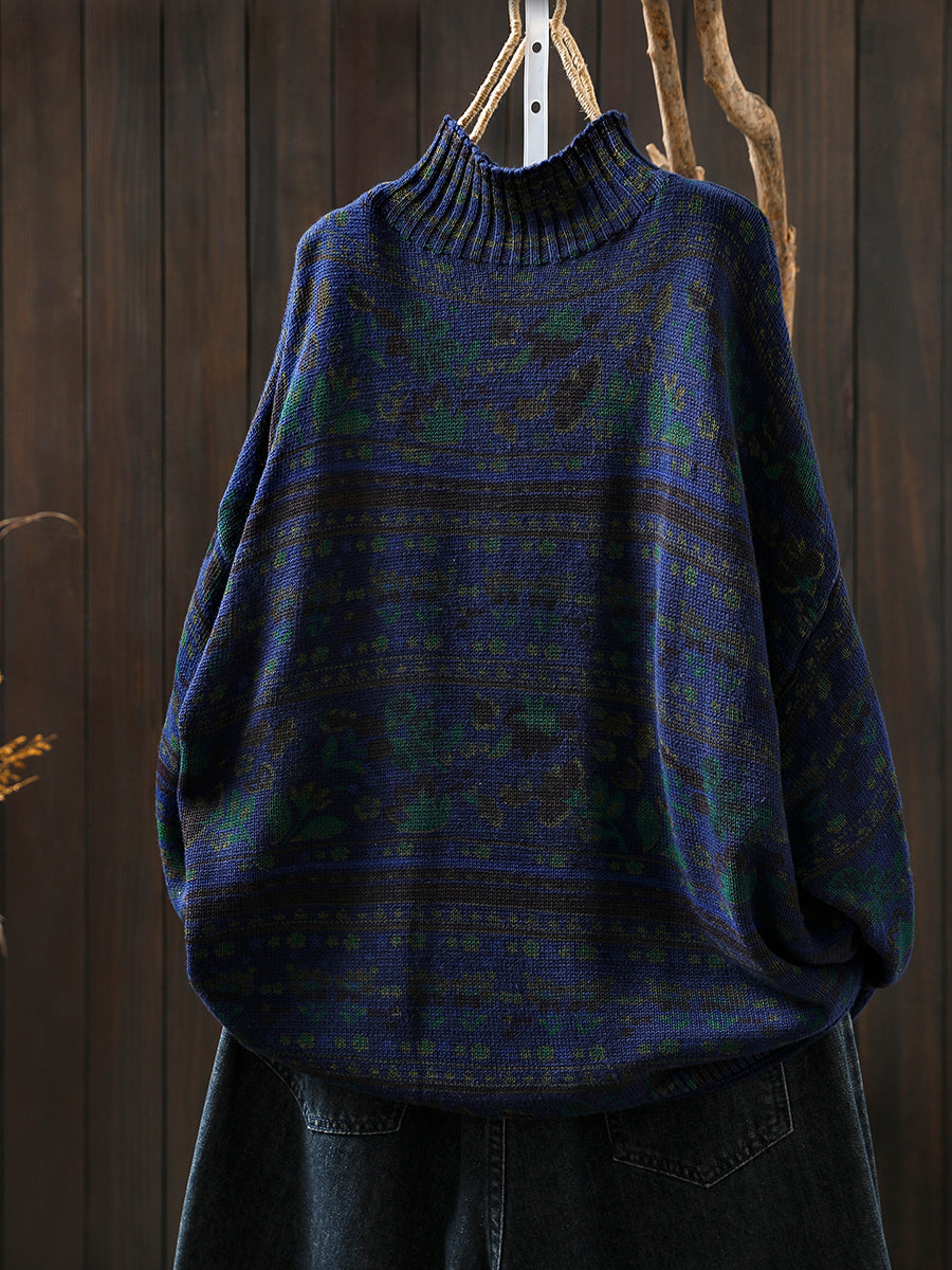 Women Autumn Vintage Flower Half-Turtleneck Sweater