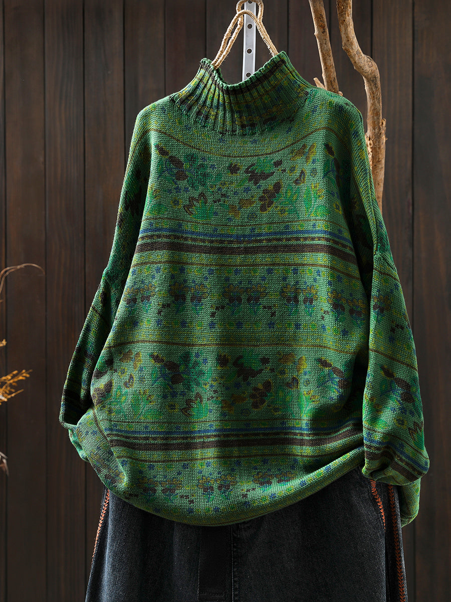 Women Autumn Vintage Flower Half-Turtleneck Sweater