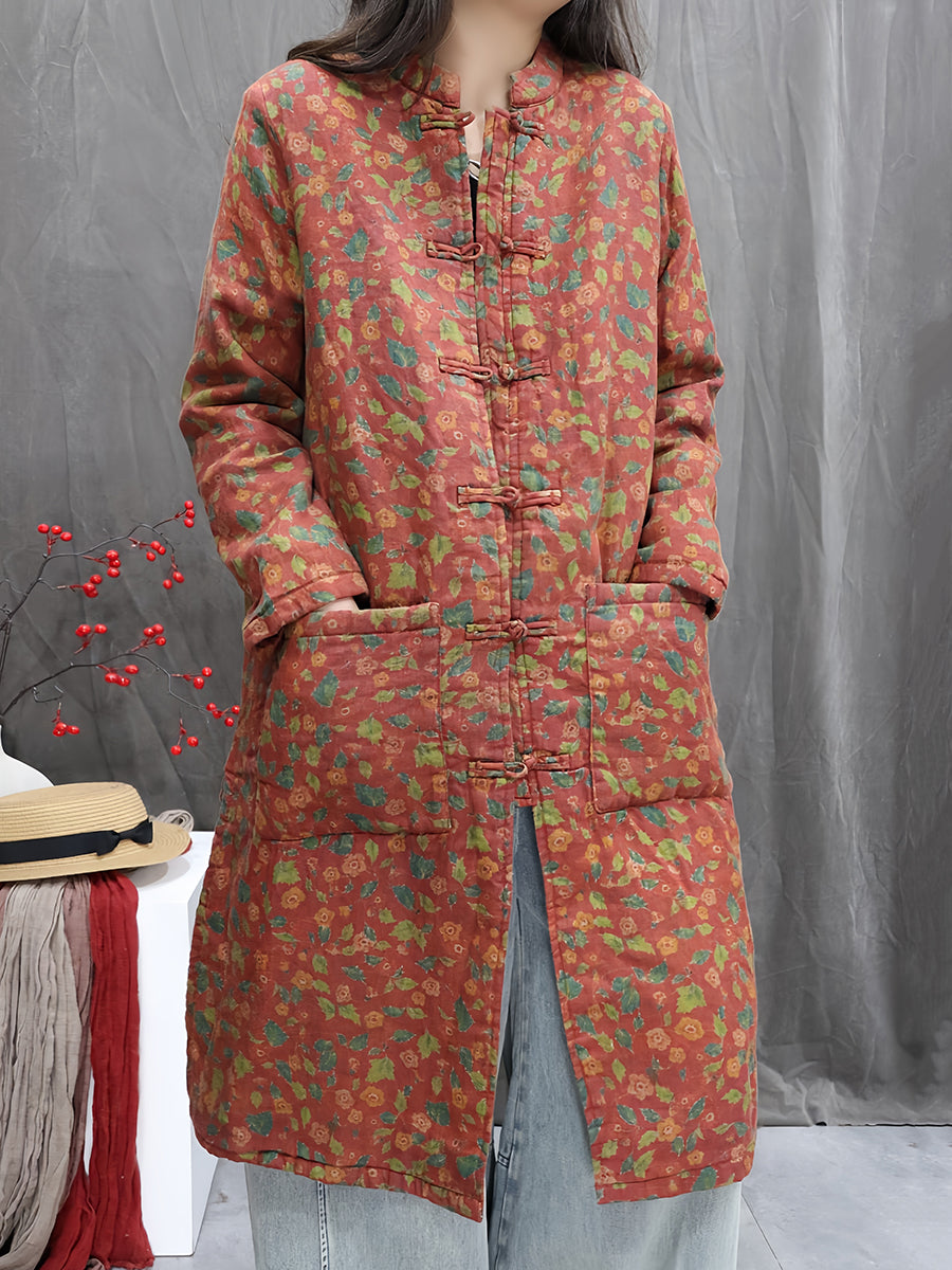 Women Winter Flower Stand Collar Cotton Padded Jacket