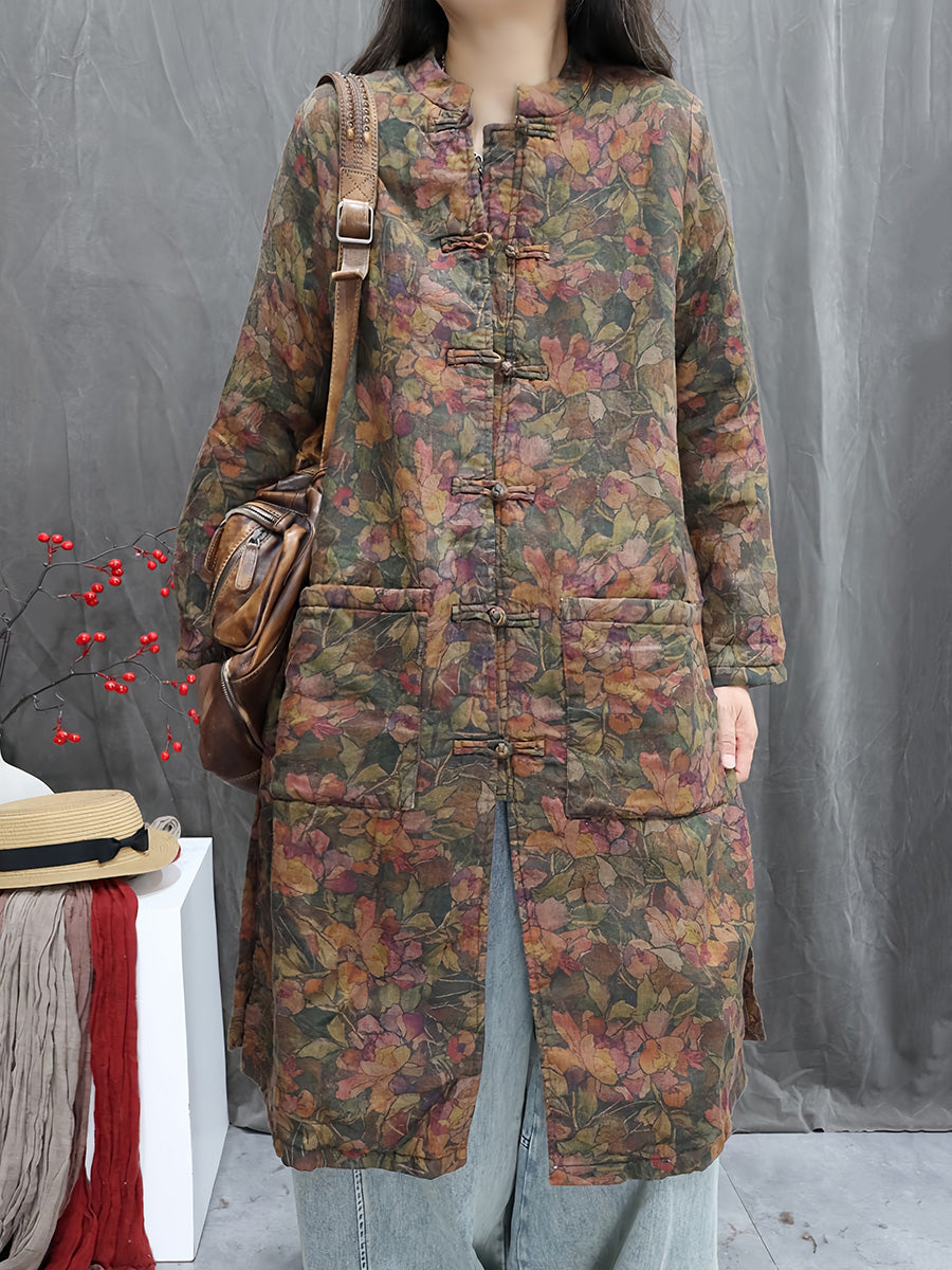 Women Winter Flower Stand Collar Cotton Padded Jacket