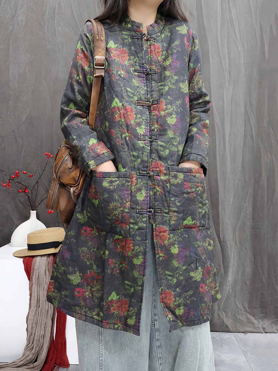Women Winter Flower Stand Collar Cotton Padded Jacket