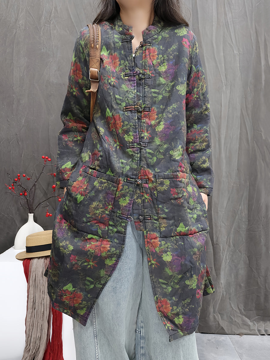 Women Winter Flower Stand Collar Cotton Padded Jacket