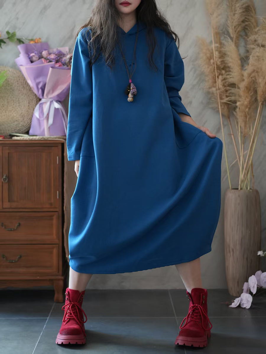 Women Autumn Casual Pure Color Hooded 100%Cotton Dress