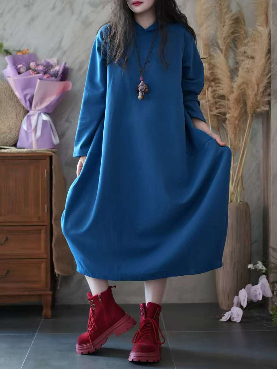 Women Autumn Casual Pure Color Hooded 100%Cotton Dress