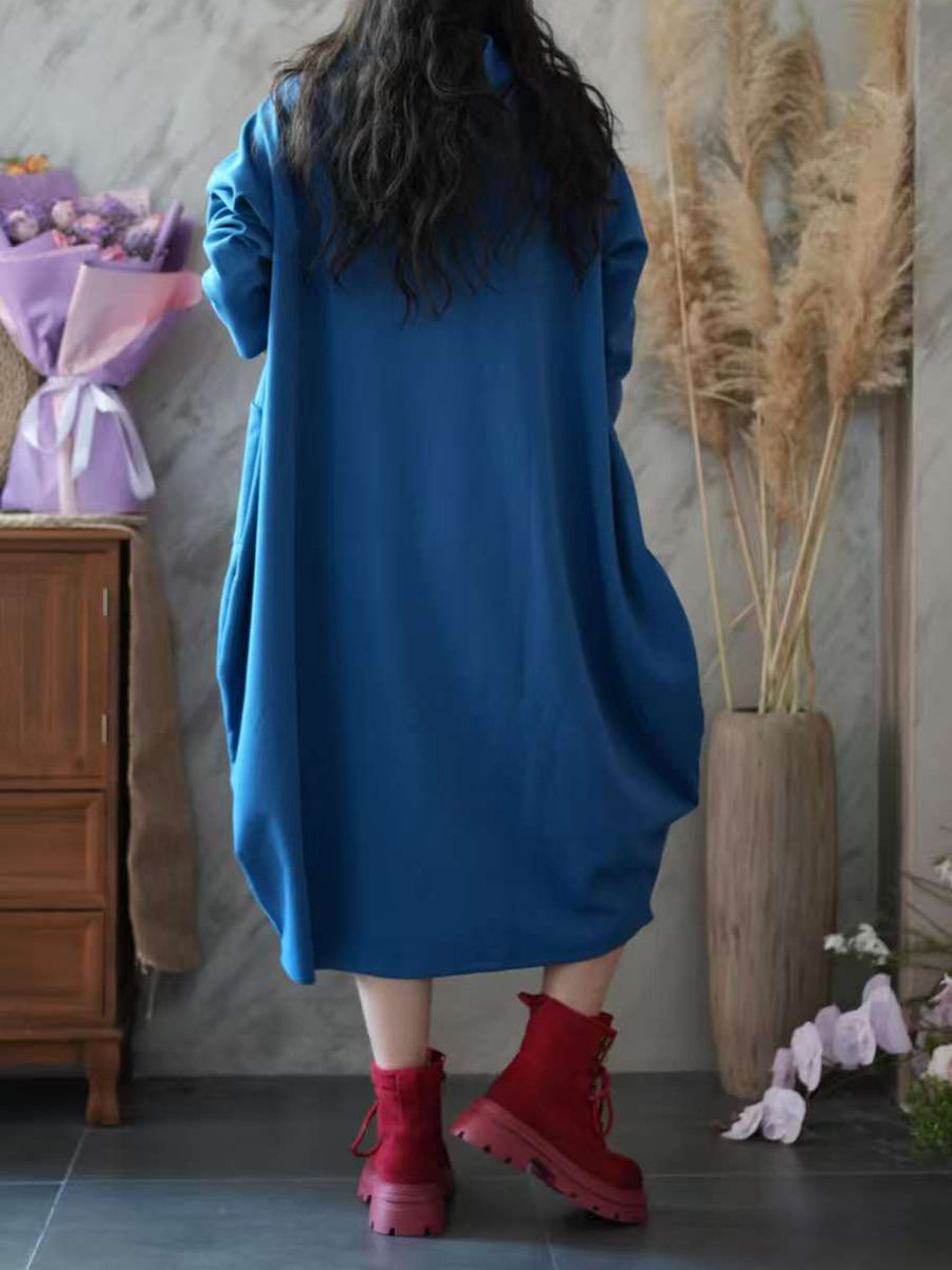 Women Autumn Casual Pure Color Hooded 100%Cotton Dress