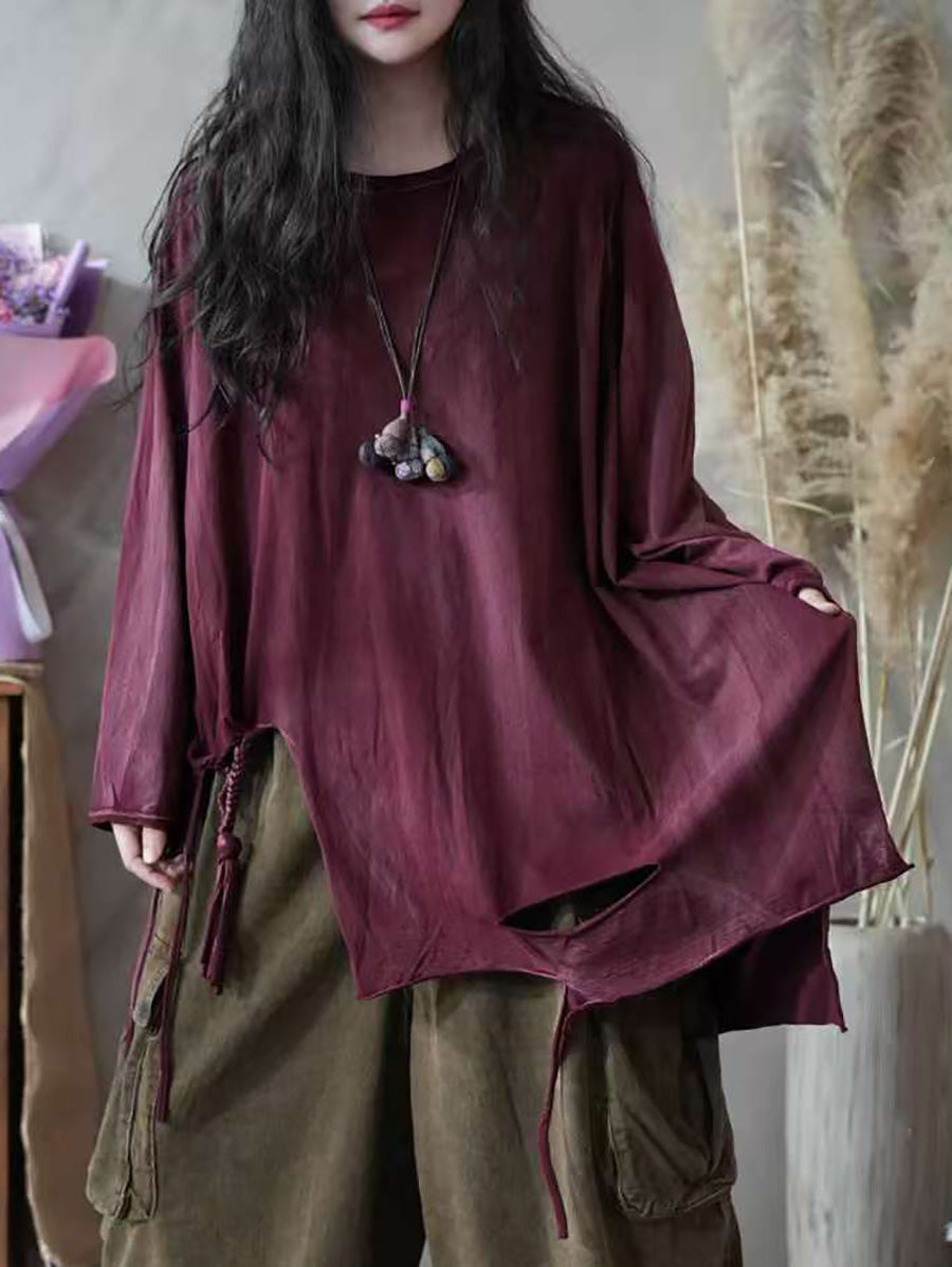 Women Autumn Retro Split Hem 100%Cotton O-Neck Blouse