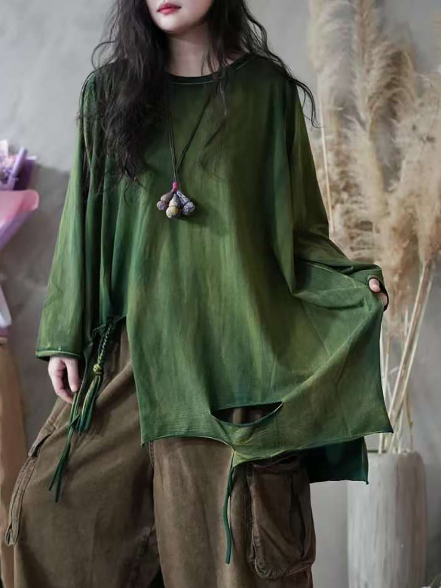 Women Autumn Retro Split Hem 100%Cotton O-Neck Blouse