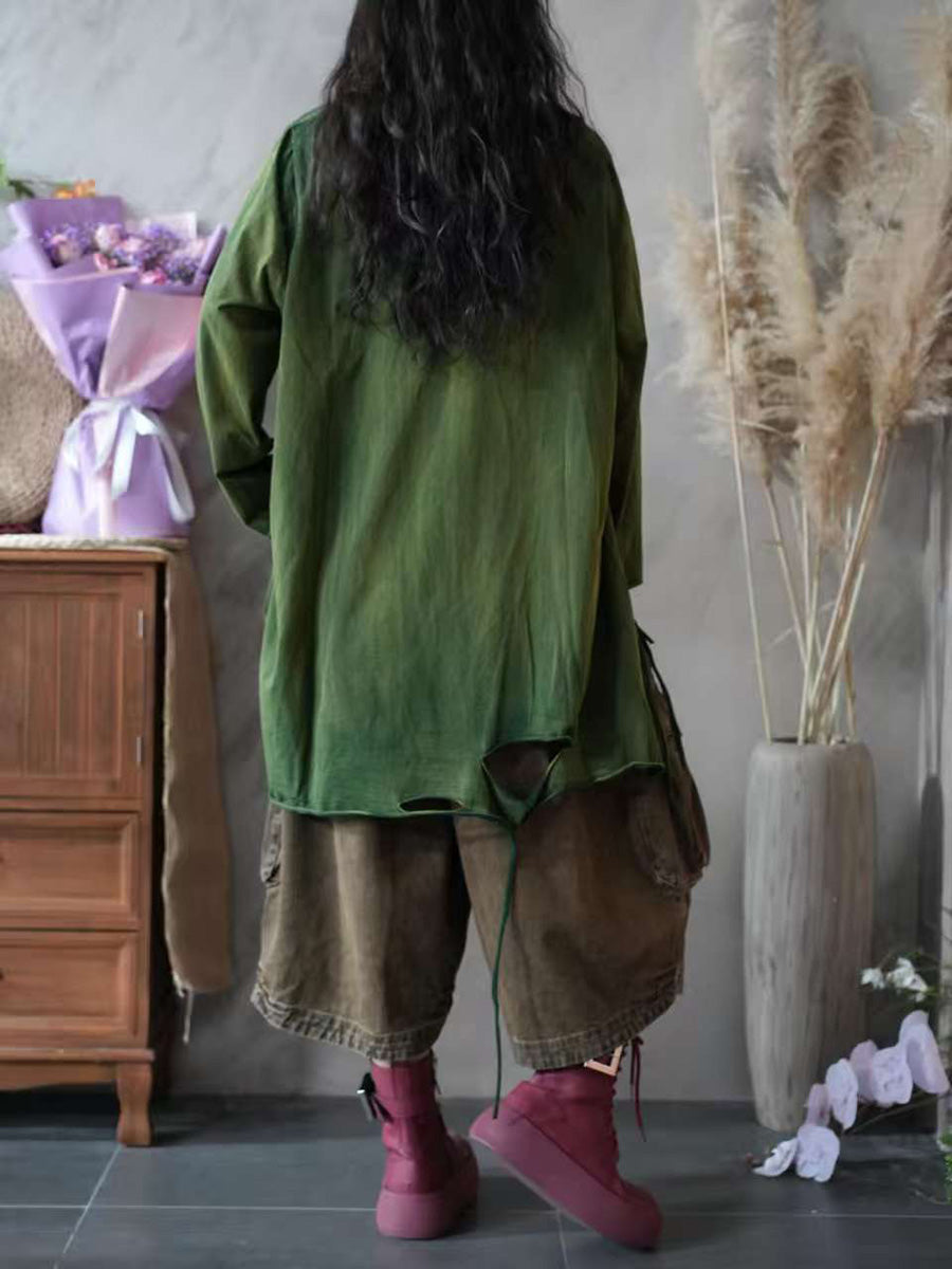 Women Autumn Retro Split Hem 100%Cotton O-Neck Blouse