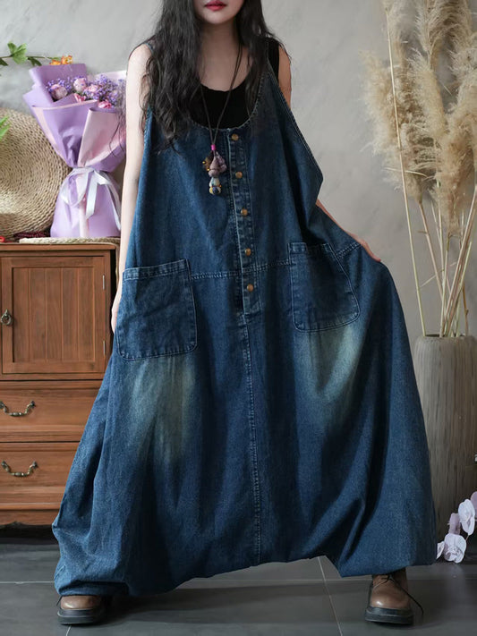 Women Vintage Retro Pure Color Low Crotch Denim Jumpsuits