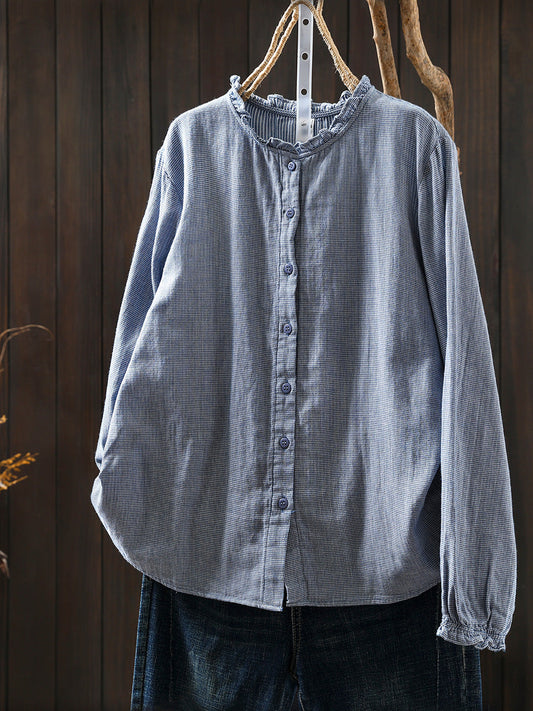 Women Autumn Retro Plaid 100%Cotton Lace Collar Shirt