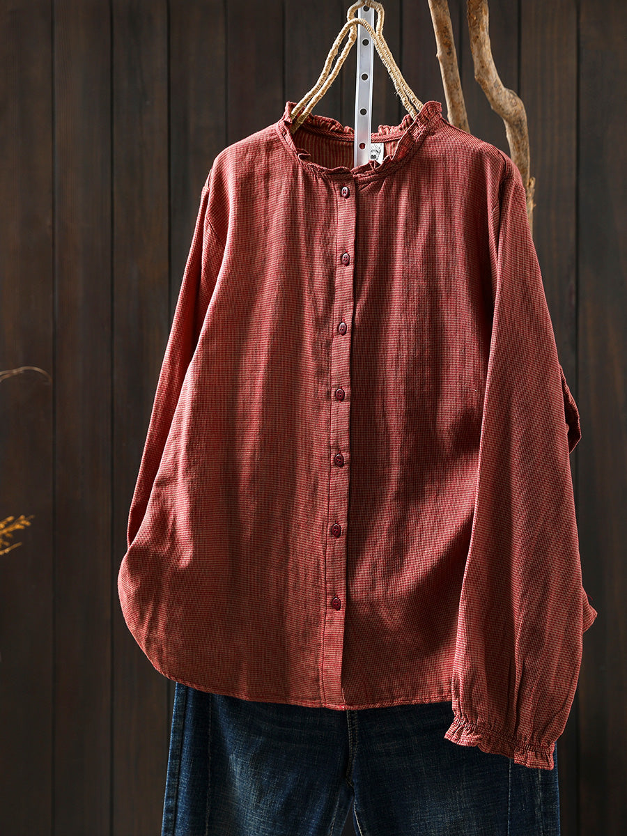 Women Autumn Retro Plaid 100%Cotton Lace Collar Shirt