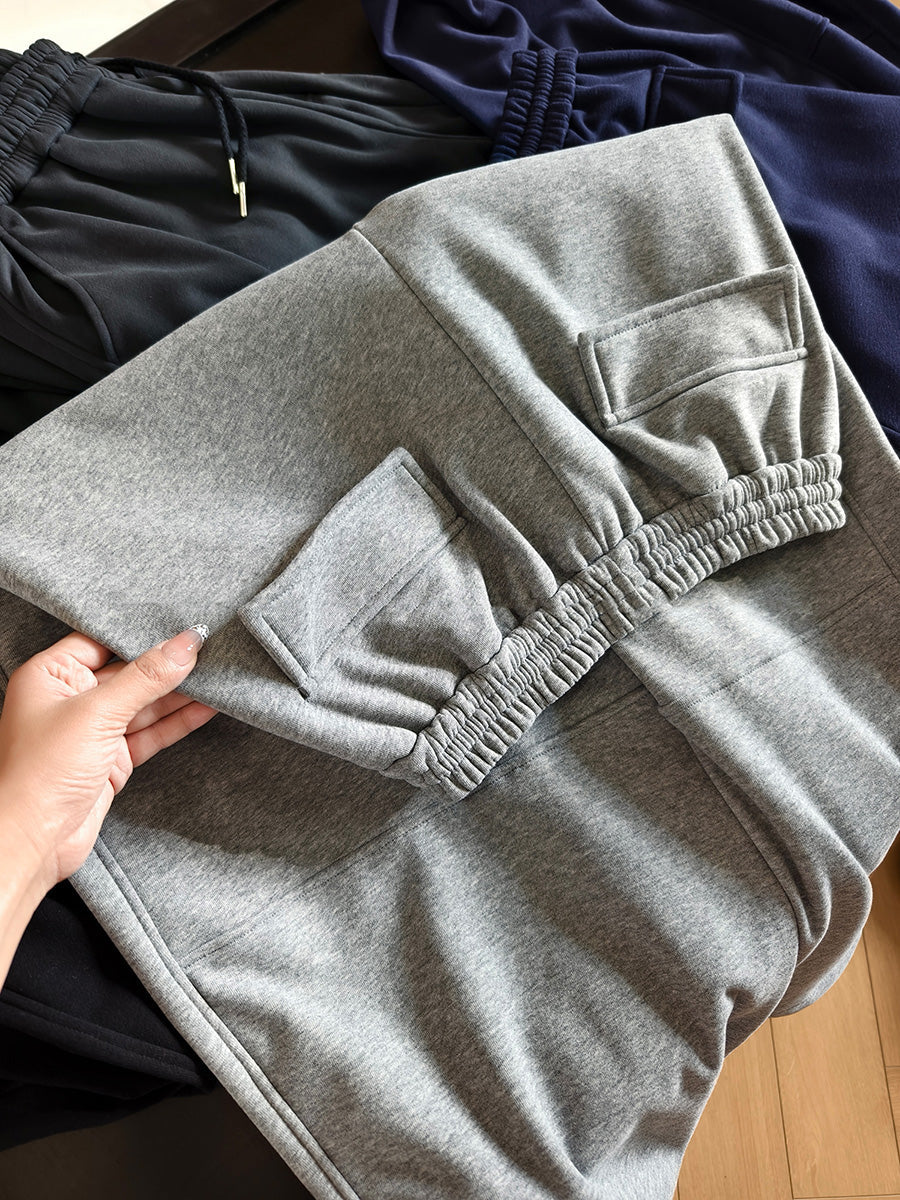 Women Autumn Casual Pure Color Fleece-lined Pants