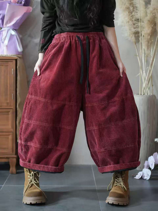 Women Autumn Retro Pure Color Corduroy Spliced Harem Pants