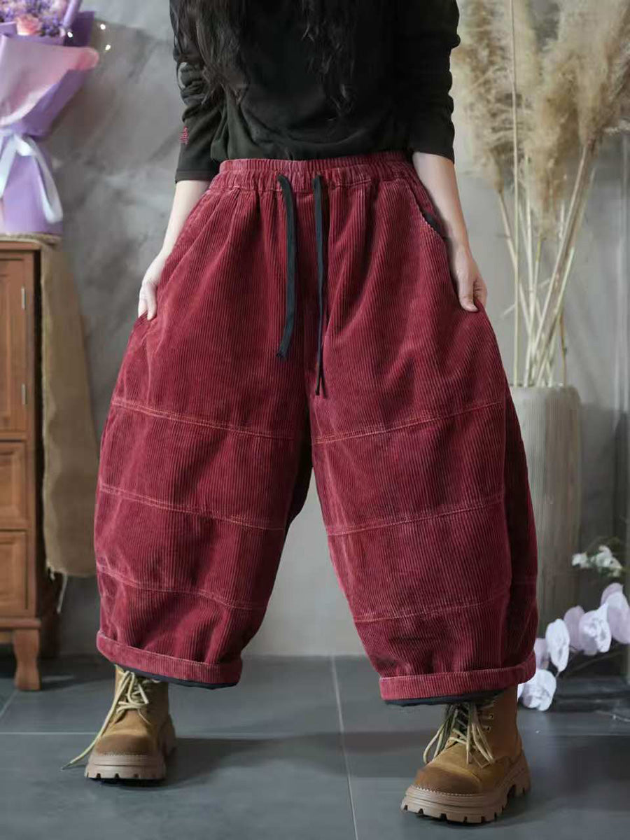 Women Autumn Retro Pure Color Corduroy Spliced Harem Pants