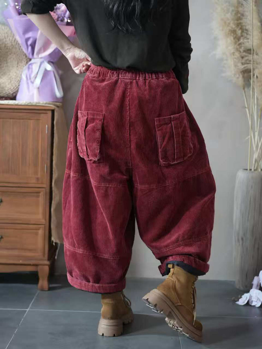 Women Autumn Retro Pure Color Corduroy Spliced Harem Pants