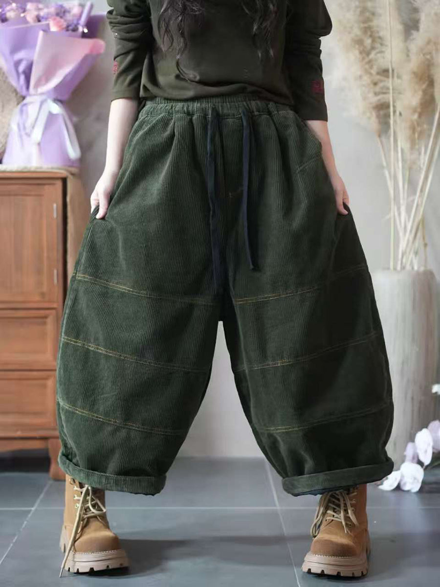 Women Autumn Retro Pure Color Corduroy Spliced Harem Pants