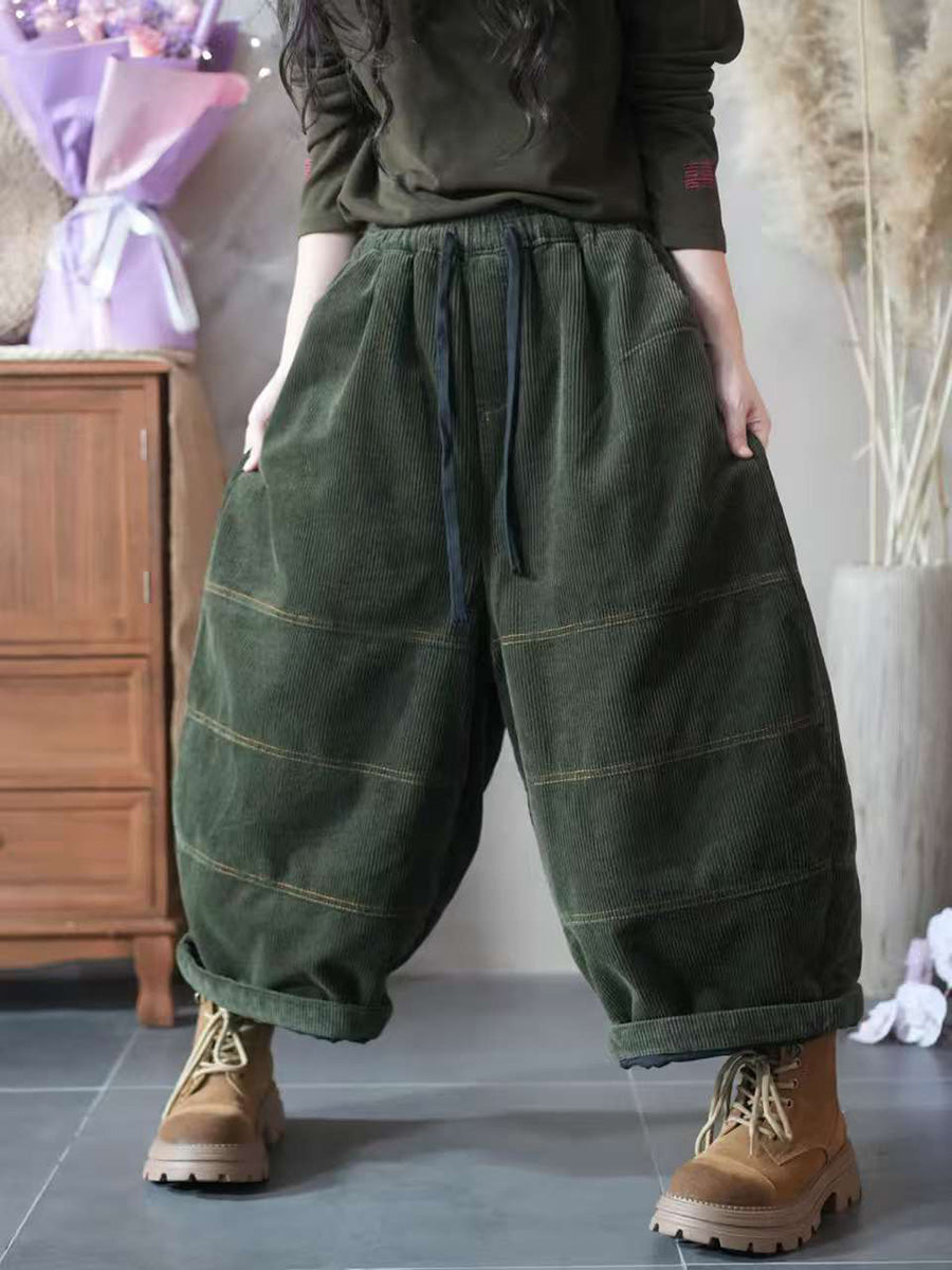 Women Autumn Retro Pure Color Corduroy Spliced Harem Pants