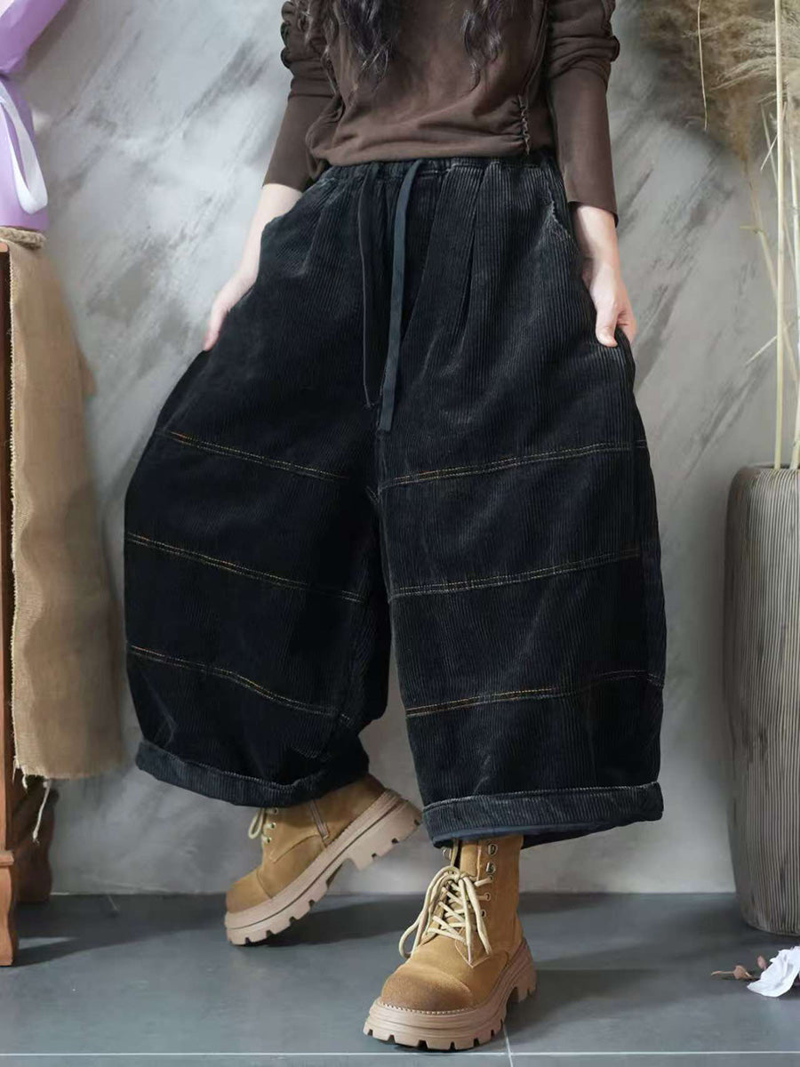 Women Autumn Retro Pure Color Corduroy Spliced Harem Pants