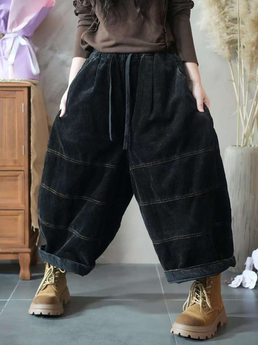 Women Autumn Retro Pure Color Corduroy Spliced Harem Pants