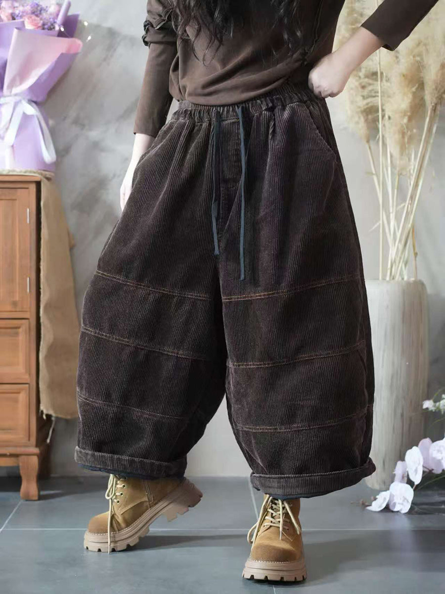 Women Autumn Retro Pure Color Corduroy Spliced Harem Pants