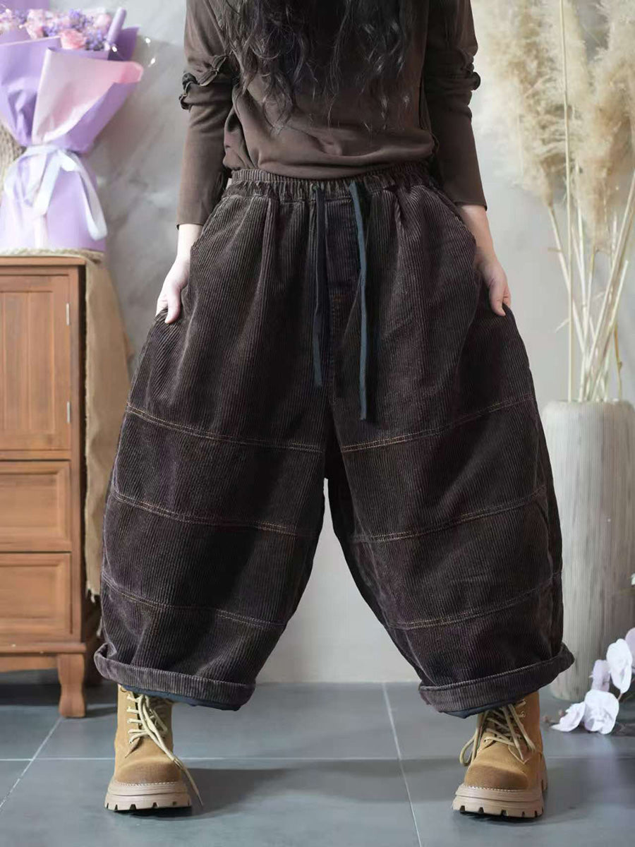 Women Autumn Retro Pure Color Corduroy Spliced Harem Pants