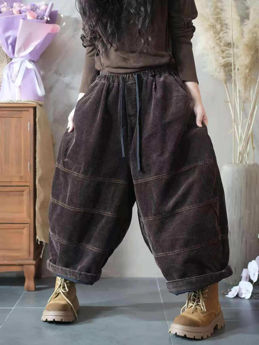 Women Autumn Retro Pure Color Corduroy Spliced Harem Pants