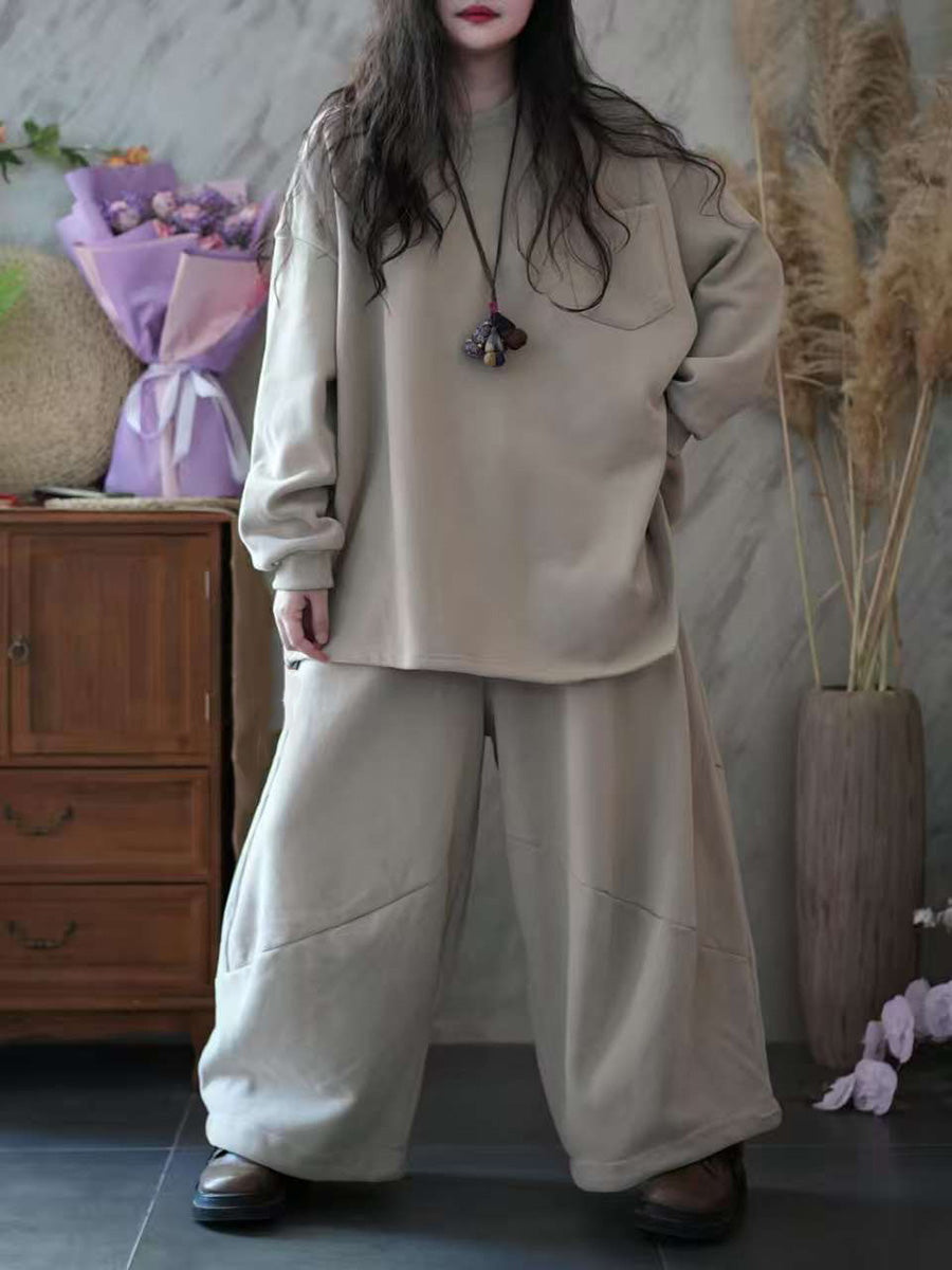 Women Autumn Casual Pure Color Loose Cotton Suits