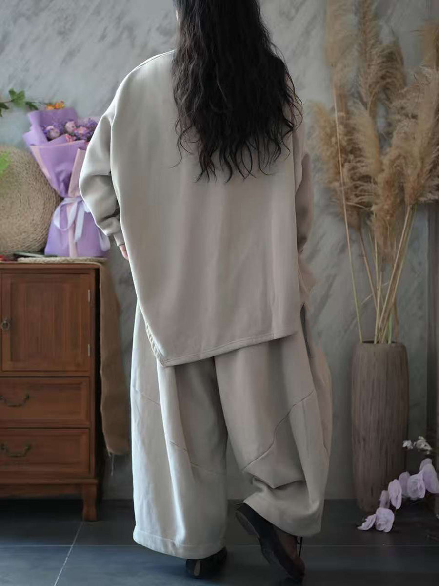 Women Autumn Casual Pure Color Loose Cotton Suits