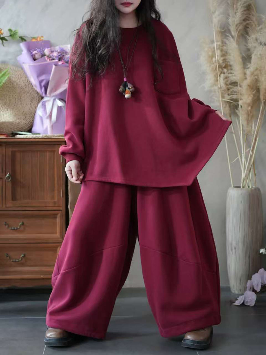 Women Autumn Casual Pure Color Loose Cotton Suits