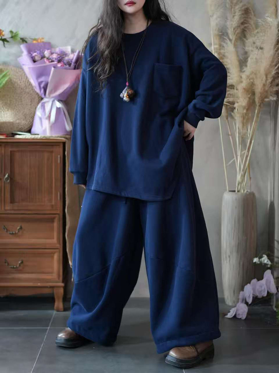 Women Autumn Casual Pure Color Loose Cotton Suits