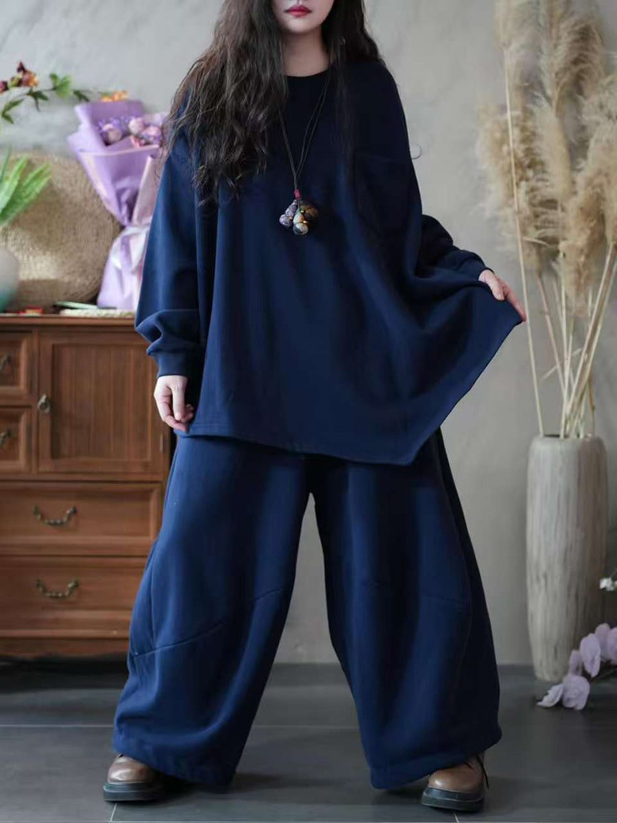 Women Autumn Casual Pure Color Loose Cotton Suits